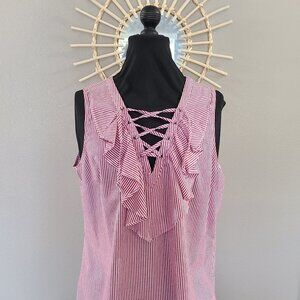 No Comment NY LA Red White Thin Striped Lace-Up Front Ruffle Sleeveless Blouse